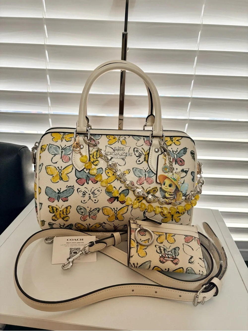 🦋💛COACH Rowan Satchel Butterfly Print Chalk Multi Set w/ ID Case